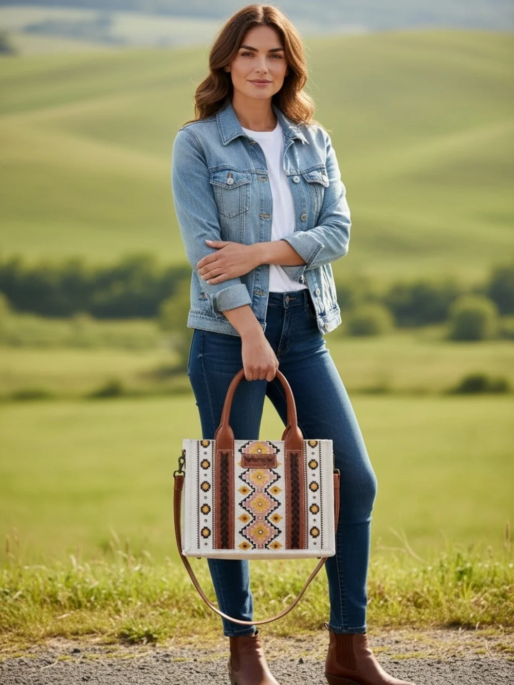 NEW Wrangler Southwestern Brown Crossbody Tote Bag & strap 46" Bag 10.5"x5x8.5 - Picture 5 of 8